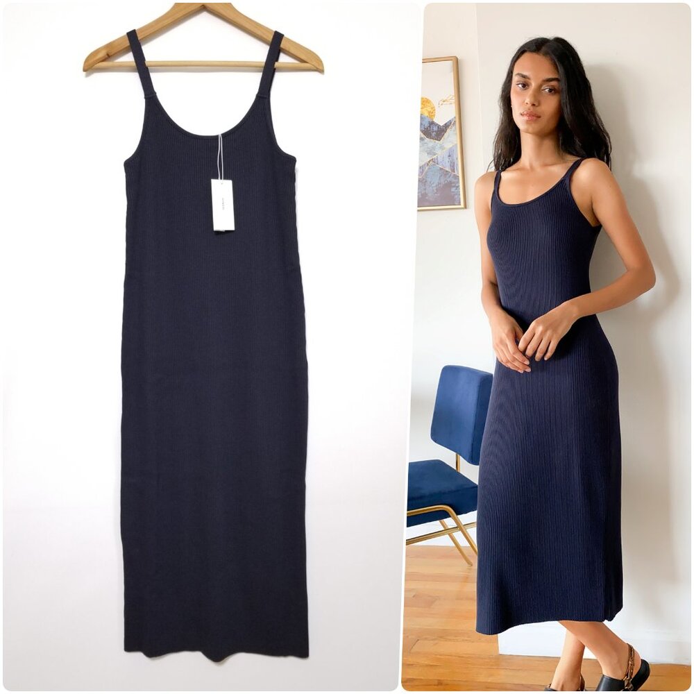 NWT‎ Vince Stretchy Ribbed Knit Cami Midi Dress Coastal Blue Navy Size M $195